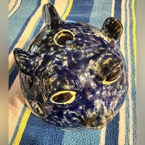 Ceramic Puffer Fish Sculpture - Deep Blue Glazed Home Art